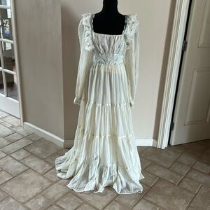 Vtg Gunne Sax beige white medical corset ruffle pinafore embroidered boho dress